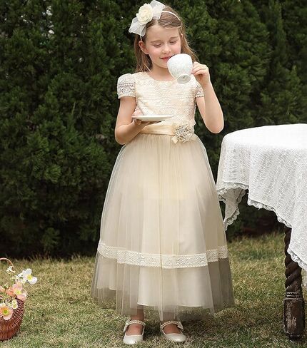 فستان فتاة زهرة الدانتيل خمر للفتيات الزفاف ألف خط فساتين المناولة الأولى in Kuwait