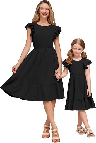 AWIBMK Mother Daughter Boho Dress Mommy and Me Summer Casual Holiday Flutter Sleeve V-Back Bowknot A-Line Dresses in Saudi Arabia