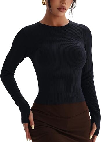 Excwudy Womens Long Sleeve Workout Crop Tops Crew Neck Ribbed Slim Fitted Running Yoga Going Out T-Shirts in Saudi Arabia