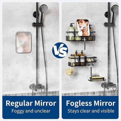 مرآة دش بدون ضباب للحلاقة بزاوية 180 درجة قابلة للتعديل وحامل ماكينة حلاقة، مجموعة علبة دش لاصقة مع حامل صابون وخطافات، منظم حمام مقاوم للصدأ بدون حفر، أسود in Kuwait