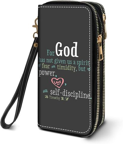 FVAENDHIO Women's Large Capacity Wallet PU Leather Double Zipper Clutch Purse Multifunctional Wallet with Removable Wristlet Strap for Smart Phone/Coin/Card/Cash, Bible Verse Quotes 2 Timothy 1:7 in Saudi Arabia