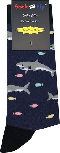 SockFly Shark Dress Socks Funny Novelty Crazy Fun Design Men Size 8-12 Cotton Casual Crew Colorful Funky Gift for Men in Saudi Arabia