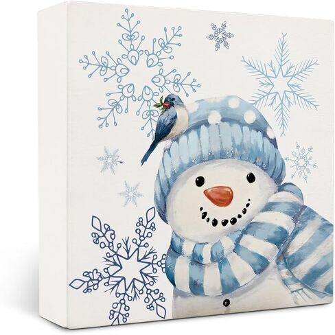 OVAcational Blue Snowman Winter Christmas Wooden Box Sign Desk Decor, Winter Snowflake Bird Snowman Christmas Wood Block Sign for Home Office Desk Table Shelf Wall Decorations, 5x5 Inch in Saudi Arabia