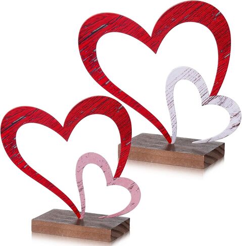 Blulu 2 Pcs Valentines Day Heart Decor Valentines Centerpieces Metal and Wooden Heart Decoration Tiered Trays Table Sign Love Decor Couples Gift for Her Anniversary Farmhouse Home Wedding Gifts in Saudi Arabia