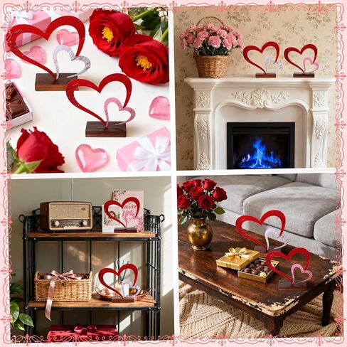 Blulu 2 Pcs Valentines Day Heart Decor Valentines Centerpieces Metal and Wooden Heart Decoration Tiered Trays Table Sign Love Decor Couples Gift for Her Anniversary Farmhouse Home Wedding Gifts in Saudi Arabia