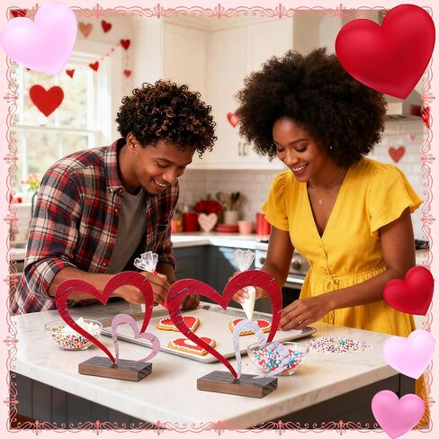 Blulu 2 Pcs Valentines Day Heart Decor Valentines Centerpieces Metal and Wooden Heart Decoration Tiered Trays Table Sign Love Decor Couples Gift for Her Anniversary Farmhouse Home Wedding Gifts in Saudi Arabia
