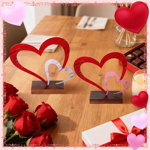 Blulu 2 Pcs Valentines Day Heart Decor Valentines Centerpieces Metal and Wooden Heart Decoration Tiered Trays Table Sign Love Decor Couples Gift for Her Anniversary Farmhouse Home Wedding Gifts in Saudi Arabia