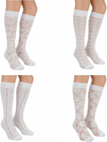 Xthrotsenk 4 Pairs Women's Lace Socks Lace Knee High Socks Hollow out Women's Calf Sock Mesh Stockings Women Sheer Knee High Stockings for Women Girls in Saudi Arabia