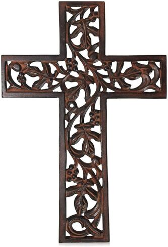 Wooden Wall Cross Handmade Crucifix with Hand Carvings Cross for Baptism Gifts Hanging Ornament for Wall Decor and Church (10" L x 6" W -Brown) in Kuwait