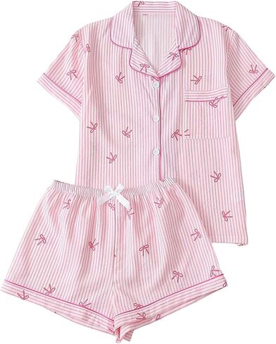 WDIRARA Women's Striped Bow Print Pajama Set Short Sleeve Button Down Shorts Pjs Sleepwear in Saudi Arabia