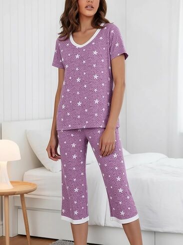 2Pcs Women's Pajamas Sets 2026, Nightwear Cute Print V Neck Tops & Capri Pants Soft Sleepwear Loungewear in Saudi Arabia