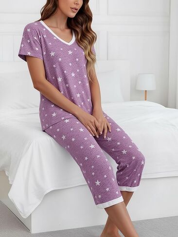 2Pcs Women's Pajamas Sets 2026, Nightwear Cute Print V Neck Tops & Capri Pants Soft Sleepwear Loungewear in Saudi Arabia