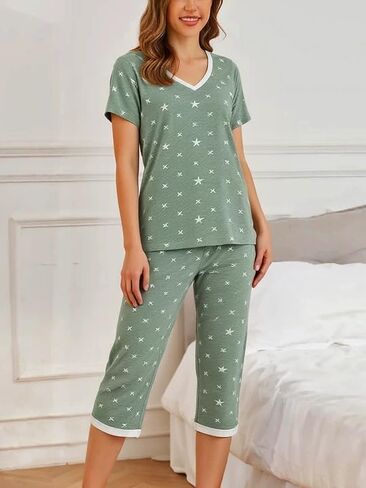2Pcs Women's Pajamas Sets 2026, Nightwear Cute Print V Neck Tops & Capri Pants Soft Sleepwear Loungewear in Saudi Arabia