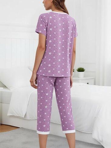 2Pcs Women's Pajamas Sets 2026, Nightwear Cute Print V Neck Tops & Capri Pants Soft Sleepwear Loungewear in Saudi Arabia