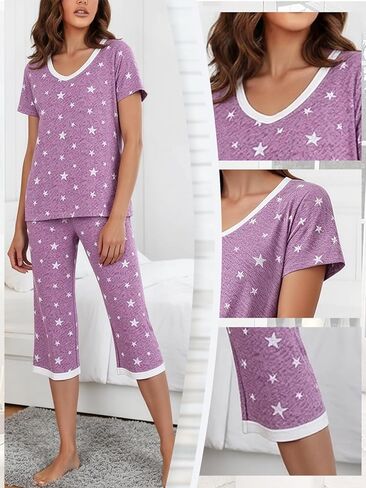 2Pcs Women's Pajamas Sets 2026, Nightwear Cute Print V Neck Tops & Capri Pants Soft Sleepwear Loungewear in Saudi Arabia