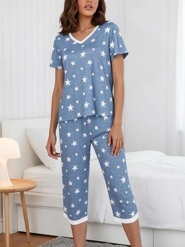 2Pcs Women's Pajamas Sets 2026, Nightwear Cute Print V Neck Tops & Capri Pants Soft Sleepwear Loungewear in Saudi Arabia
