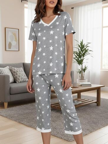 2Pcs Women's Pajamas Sets 2026, Nightwear Cute Print V Neck Tops & Capri Pants Soft Sleepwear Loungewear in Saudi Arabia