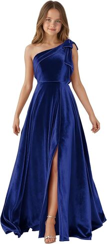 One Shoulder Junior Bridesmaid Dresses for Teen Girls Bow Velvet Flower Girl Dress Long Girls Formal Dress Slit in Saudi Arabia