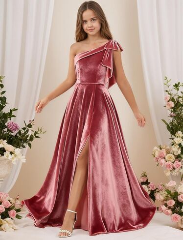 One Shoulder Junior Bridesmaid Dresses for Teen Girls Bow Velvet Flower Girl Dress Long Girls Formal Dress Slit in Saudi Arabia