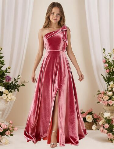 One Shoulder Junior Bridesmaid Dresses for Teen Girls Bow Velvet Flower Girl Dress Long Girls Formal Dress Slit in Saudi Arabia