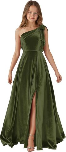 One Shoulder Junior Bridesmaid Dresses for Teen Girls Bow Velvet Flower Girl Dress Long Girls Formal Dress Slit in Saudi Arabia