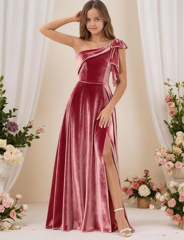 One Shoulder Junior Bridesmaid Dresses for Teen Girls Bow Velvet Flower Girl Dress Long Girls Formal Dress Slit in Saudi Arabia