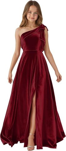 One Shoulder Junior Bridesmaid Dresses for Teen Girls Bow Velvet Flower Girl Dress Long Girls Formal Dress Slit in Saudi Arabia