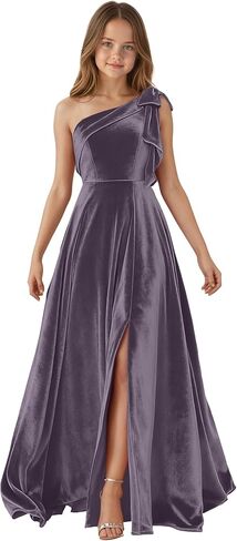 One Shoulder Junior Bridesmaid Dresses for Teen Girls Bow Velvet Flower Girl Dress Long Girls Formal Dress Slit in Saudi Arabia