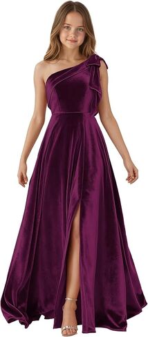 One Shoulder Junior Bridesmaid Dresses for Teen Girls Bow Velvet Flower Girl Dress Long Girls Formal Dress Slit in Saudi Arabia