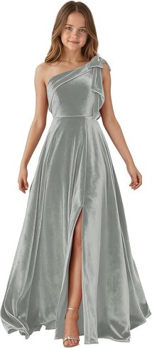One Shoulder Junior Bridesmaid Dresses for Teen Girls Bow Velvet Flower Girl Dress Long Girls Formal Dress Slit in Saudi Arabia