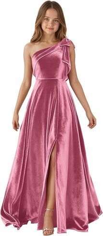 One Shoulder Junior Bridesmaid Dresses for Teen Girls Bow Velvet Flower Girl Dress Long Girls Formal Dress Slit in Saudi Arabia
