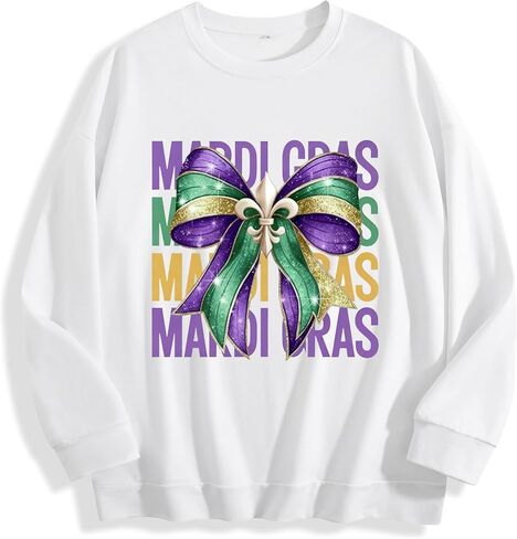 Mardi Gras Sweatshirt - Glitter Bow Tie Fleur-de-lis Purple Green Gold Casual Long Sleeve Top in Saudi Arabia