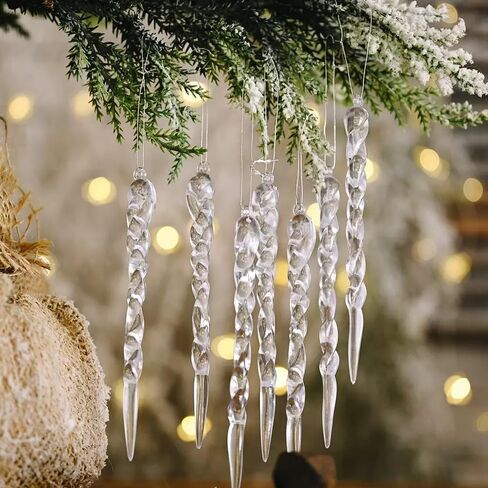 36pcs Christmas Tree Crystal Decorations，Clear Twisted Icicle Christmas Tree Decorations Acrylic White Artificial Winter Hanging Decor for Home Festival in Saudi Arabia