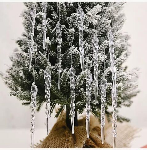 36pcs Christmas Tree Crystal Decorations，Clear Twisted Icicle Christmas Tree Decorations Acrylic White Artificial Winter Hanging Decor for Home Festival in Saudi Arabia