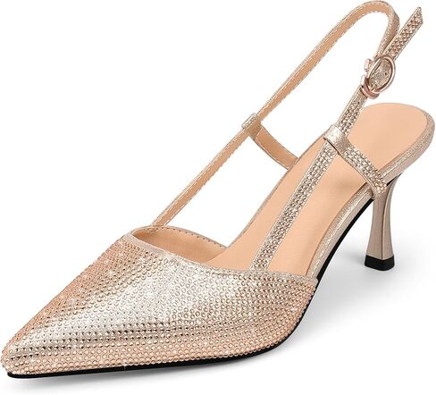 yowmns Women's Gold Sparkling Rhinestone Pointed Toe Slingback High Heels Party Shoes in Saudi Arabia