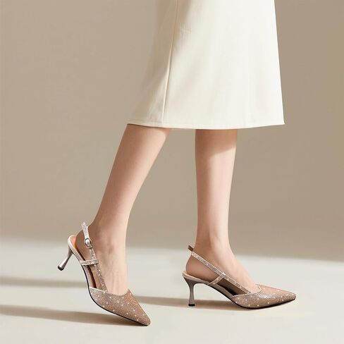 yowmns Women's Gold Sparkling Rhinestone Pointed Toe Slingback High Heels Party Shoes in Saudi Arabia