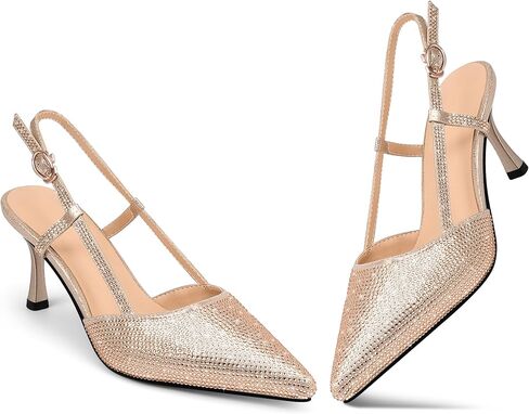 yowmns Women's Gold Sparkling Rhinestone Pointed Toe Slingback High Heels Party Shoes in Saudi Arabia