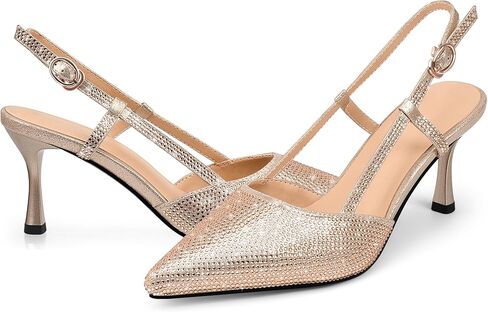yowmns Women's Gold Sparkling Rhinestone Pointed Toe Slingback High Heels Party Shoes in Saudi Arabia