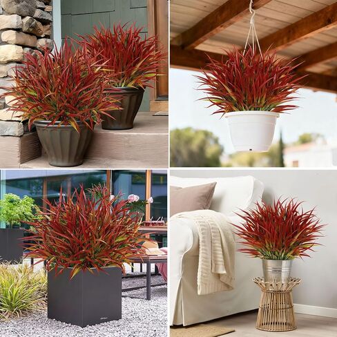 Besteek 16 Pcs Artificial Plants Outdoor Fake Grass Faux Greenery Stems UV Resistant Plastic Plants Shrubs for Planters Patio Garden Front Porch Pathway Spring Summer Home Decor, Red in Saudi Arabia