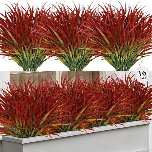 Besteek 16 Pcs Artificial Plants Outdoor Fake Grass Faux Greenery Stems UV Resistant Plastic Plants Shrubs for Planters Patio Garden Front Porch Pathway Spring Summer Home Decor, Red in Saudi Arabia