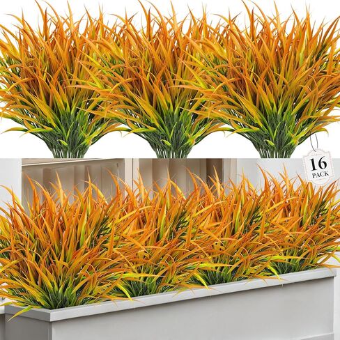 Besteek 16 Pcs Artificial Plants Outdoor Fake Grass Faux Greenery Stems UV Resistant Plastic Plants Shrubs for Planters Patio Garden Front Porch Pathway Spring Summer Home Decor, Red in Saudi Arabia