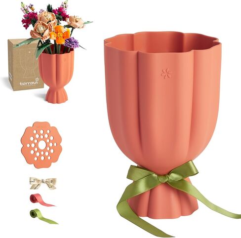 Bouquet Vase for Lego & Fresh Flowers - Flower Arrangement Vase with Floral Grid & Ribbons, Impact Resistant, BPA-Free Material, Home Decor Gift for Lego & Flower Lovers (Terracotta Orange) in Saudi Arabia