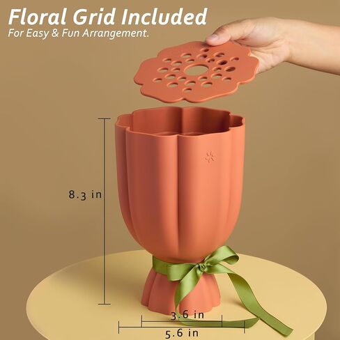 Bouquet Vase for Lego & Fresh Flowers - Flower Arrangement Vase with Floral Grid & Ribbons, Impact Resistant, BPA-Free Material, Home Decor Gift for Lego & Flower Lovers (Terracotta Orange) in Saudi Arabia