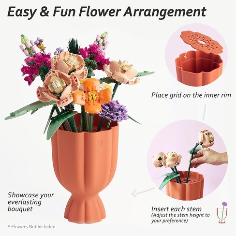 Bouquet Vase for Lego & Fresh Flowers - Flower Arrangement Vase with Floral Grid & Ribbons, Impact Resistant, BPA-Free Material, Home Decor Gift for Lego & Flower Lovers (Terracotta Orange) in Saudi Arabia