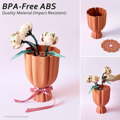 Bouquet Vase for Lego & Fresh Flowers - Flower Arrangement Vase with Floral Grid & Ribbons, Impact Resistant, BPA-Free Material, Home Decor Gift for Lego & Flower Lovers (Terracotta Orange) in Saudi Arabia