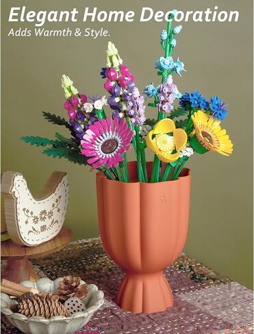 Bouquet Vase for Lego & Fresh Flowers - Flower Arrangement Vase with Floral Grid & Ribbons, Impact Resistant, BPA-Free Material, Home Decor Gift for Lego & Flower Lovers (Terracotta Orange) in Saudi Arabia