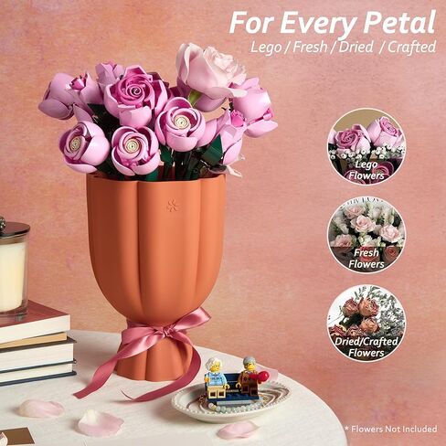 Bouquet Vase for Lego & Fresh Flowers - Flower Arrangement Vase with Floral Grid & Ribbons, Impact Resistant, BPA-Free Material, Home Decor Gift for Lego & Flower Lovers (Terracotta Orange) in Saudi Arabia
