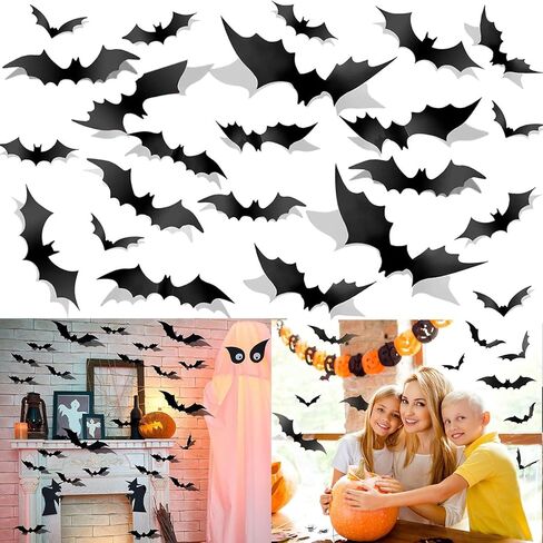 Vintage Halloween Decor Bat | 60 Pcs Reusable Window Stickers & Wall Decals | 4 Sizes Scary Decor for Indoor, Outdoor Party Supplies in Saudi Arabia
