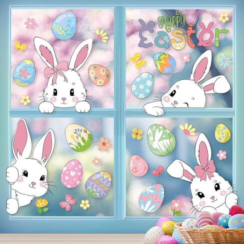 6 Sheets Easter Window Clings, Cute Bunny Window Stickers, Sping Glass Decorations, Spring Flower Easter Eggs Bunny Stickers, Double Sided Static Window Decals for Home Office School Shop Decor in Saudi Arabia