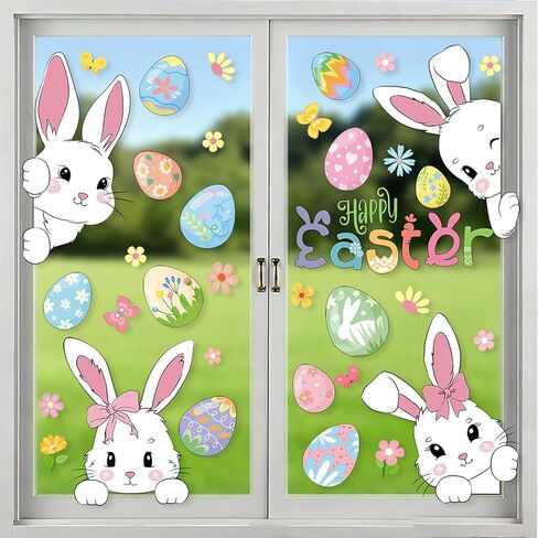 6 Sheets Easter Window Clings, Cute Bunny Window Stickers, Sping Glass Decorations, Spring Flower Easter Eggs Bunny Stickers, Double Sided Static Window Decals for Home Office School Shop Decor in Saudi Arabia